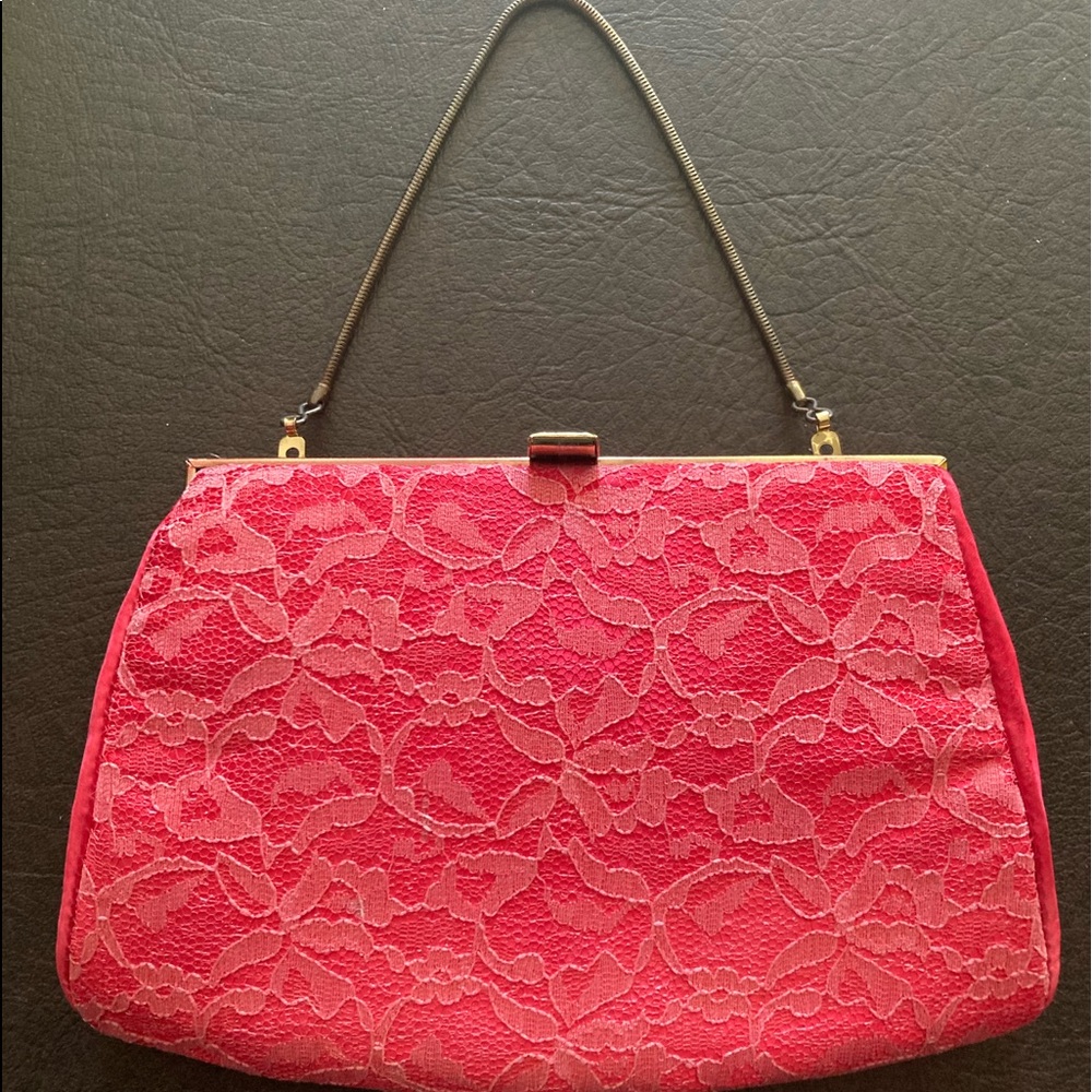 Vintage Metal coil handle red lace clutch purse